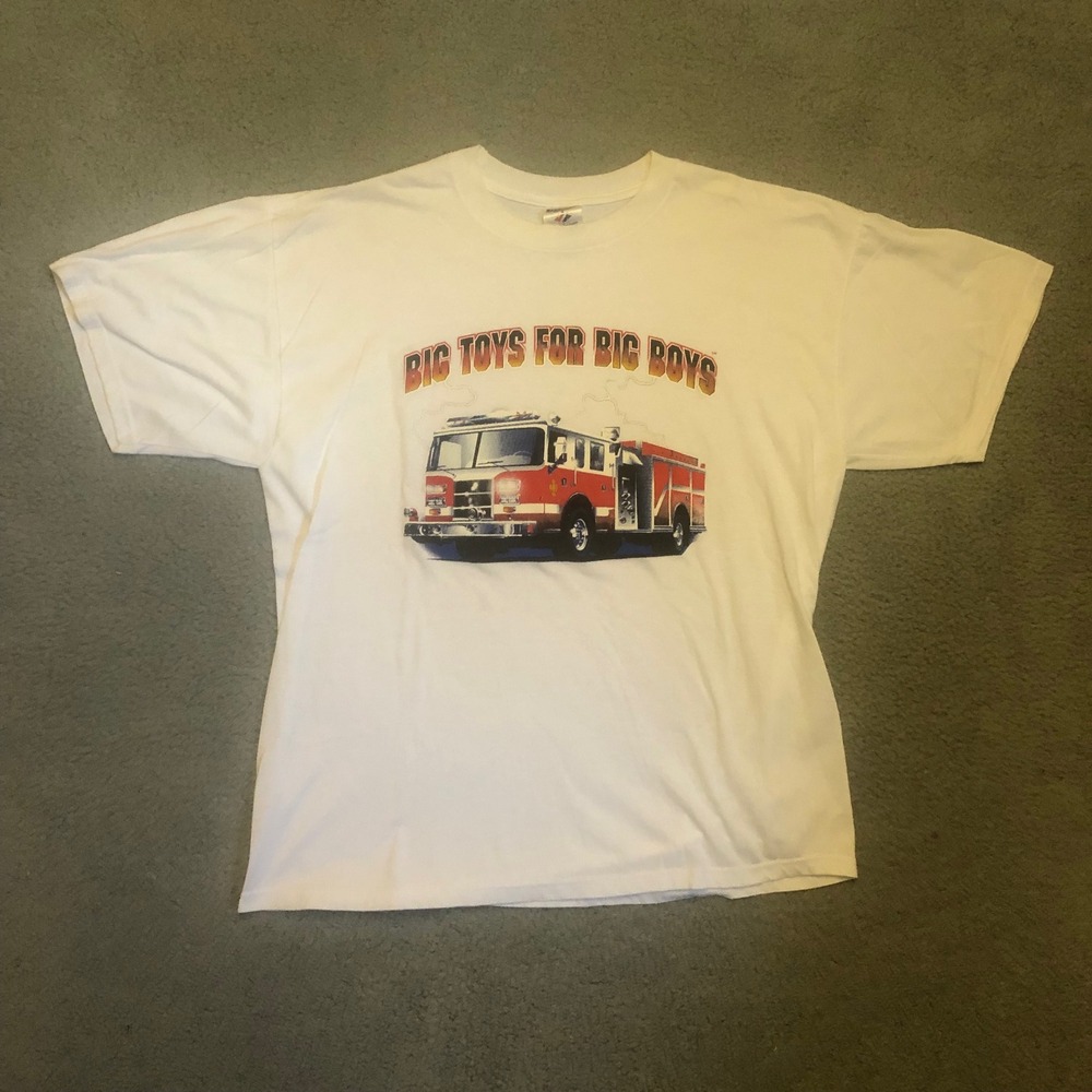 Vtg Big Toys for Big Boys Fire Truck Graphic T-Shirt White Jerzees XL Rescue